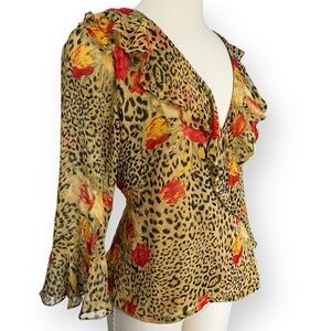 Vintage Richard Malcolm 100% Silk V-neck Wrap Leopard and Flower Blouse